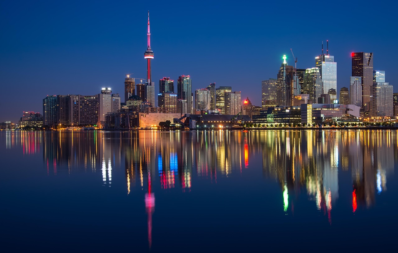 buildings, cn tower, river, waterfront, illuminated, city lights, cityscape, skyline, skyscrapers, architecture, reflection, water reflection, nature, mirroring, canada, night, night photography, ontario, toronto, water, calm waters